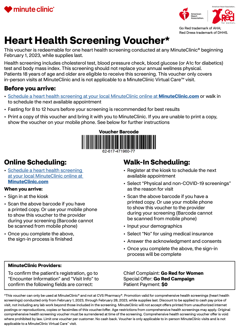 CVS Minute Clinic 2月为女性提供免费的心血管检查，快去预约吧！