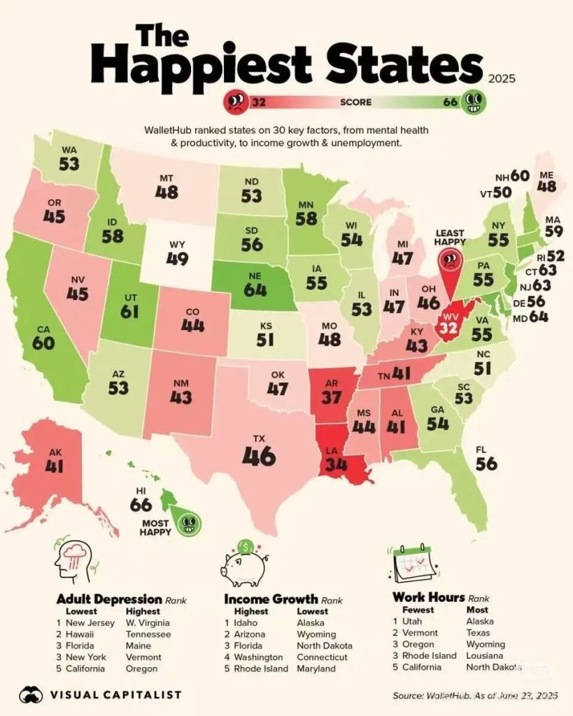 2025年美国最幸福的州地图出炉！数据告诉你，哪里的人最快乐| 美国妈妈网